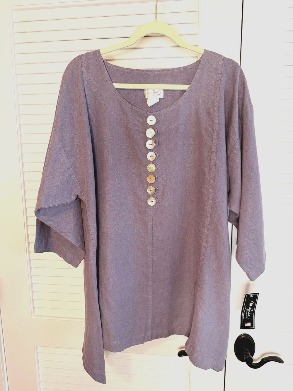 MoJaic USA 100% Linen Tunic Top Womens Large Purple Lagenlook NWT